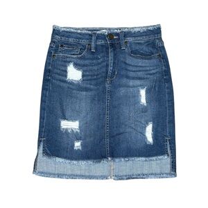 JBD Distressed Medium Wash Raw Hem High Low Denim Skirt Size XS